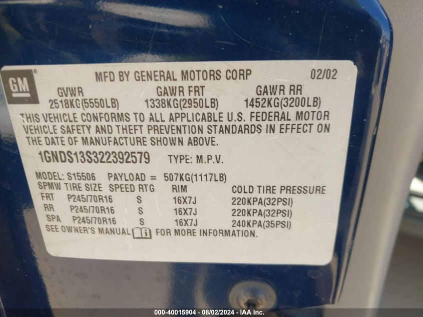 2002 Chevrolet Trailblazer Ls VIN: 1GNDS13S322392579 Lot: 40015904