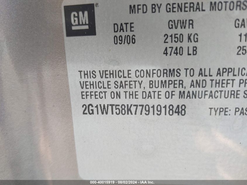 2007 Chevrolet Impala Lt VIN: 2G1WT58K779191848 Lot: 40015919
