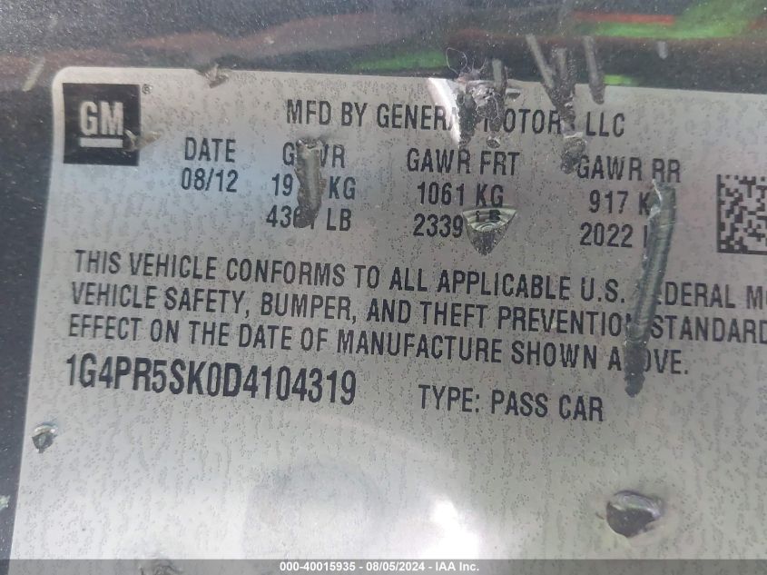 2013 Buick Verano Convenience Group VIN: 1G4PR5SK0D4104319 Lot: 40015935