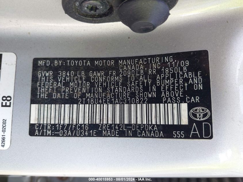 2010 Toyota Corolla S/Le/Xle VIN: 2T1BU4EE1AC310822 Lot: 40015953