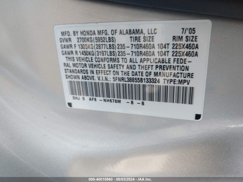 2005 Honda Odyssey Touring VIN: 5FNRL38855B133324 Lot: 40015960