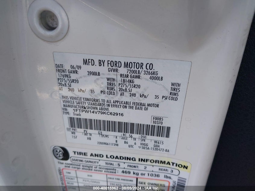 2009 Ford F-150 Supercrew VIN: 1FTPW14V79KC62916 Lot: 40015962
