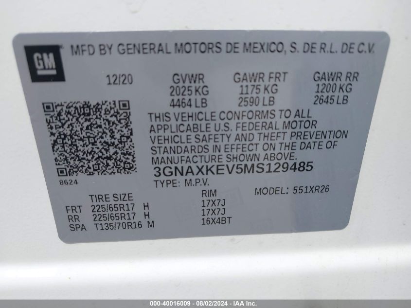 2021 CHEVROLET EQUINOX FWD LT - 3GNAXKEV5MS129485