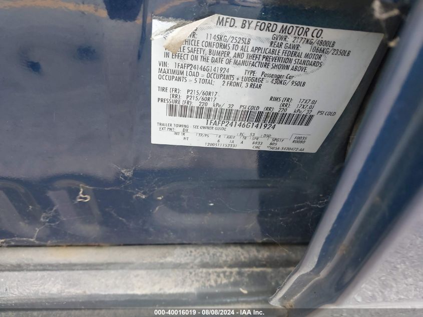 2006 Ford Five Hundred Sel VIN: 1FAFP24146G141924 Lot: 40016019