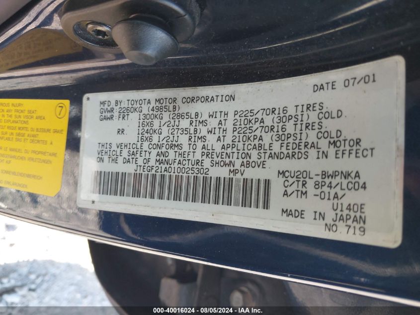 2001 Toyota Highlander V6 VIN: JTEGF21A010025302 Lot: 40016024