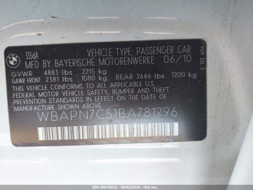 2011 BMW 3 Series D VIN: WBAPN7C51BA781296 Lot: 40016032