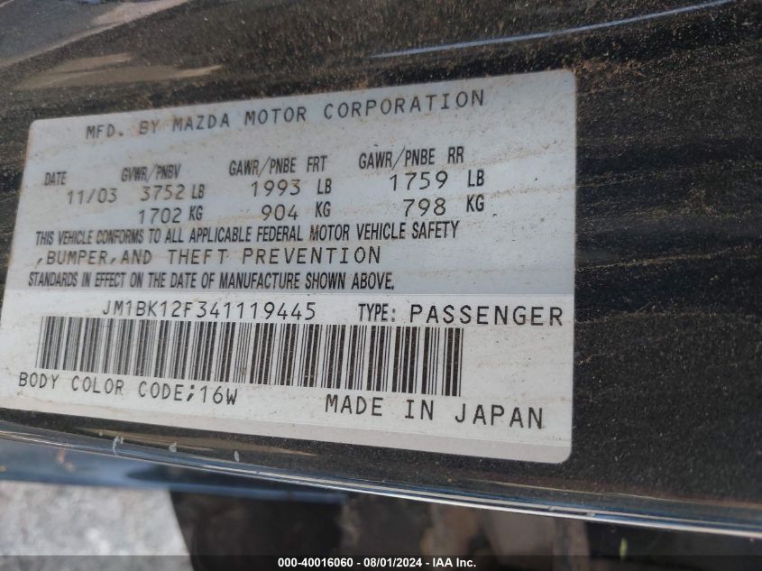 2004 Mazda Mazda3 I VIN: JM1BK12F341119445 Lot: 40016060
