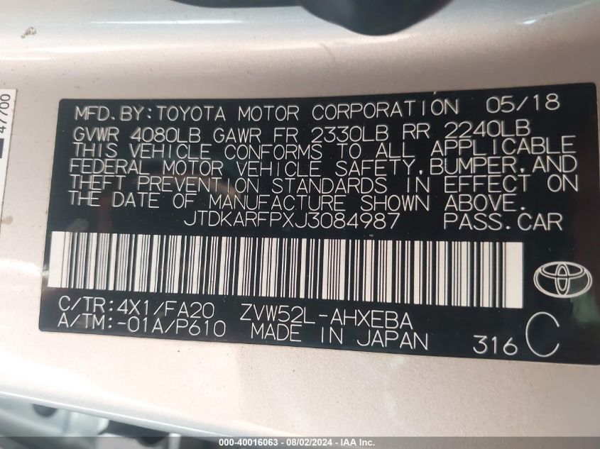 2018 Toyota Prius Prime Plus VIN: JTDKARFPXJ3084987 Lot: 40016063