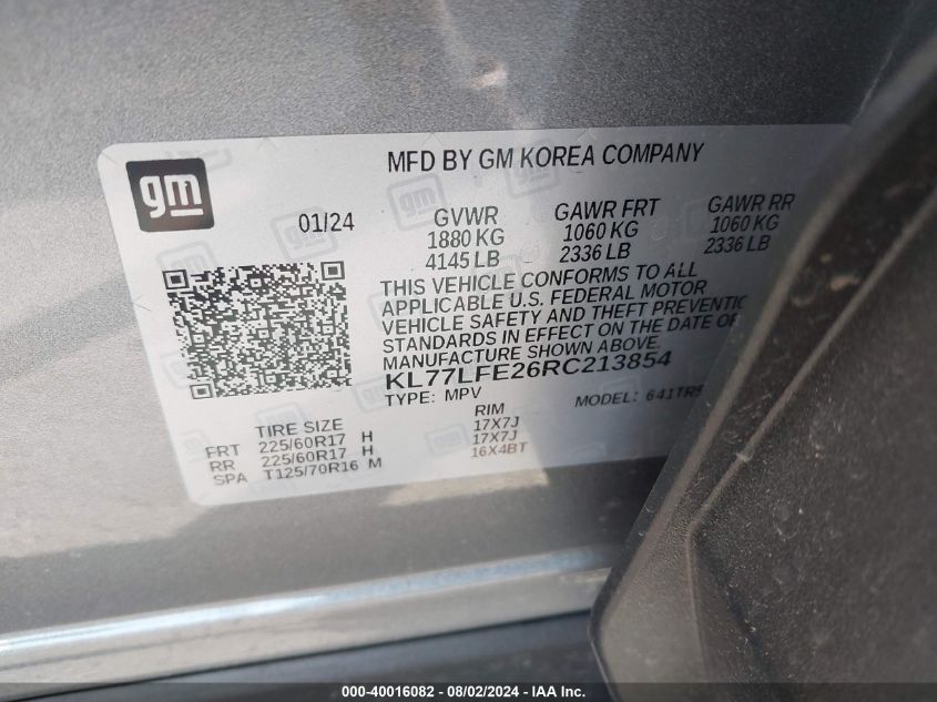 2024 Chevrolet Trax Fwd Sp VIN: KL77LFE26RC213854 Lot: 40016082