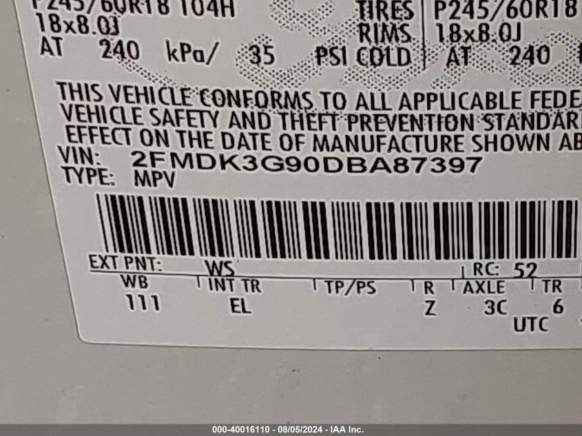 2013 Ford Edge Se VIN: 2FMDK3G90DBA87397 Lot: 40016110