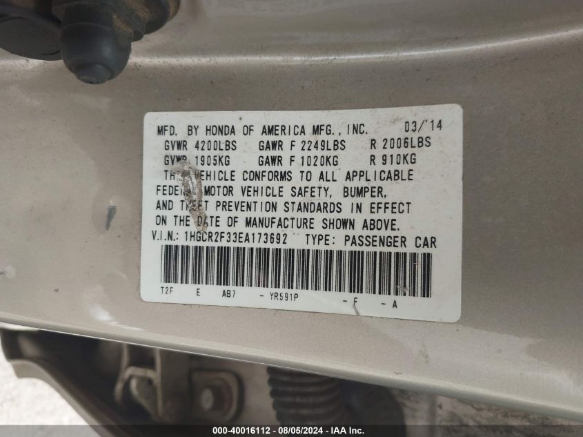 1HGCR2F33EA173692 2014 Honda Accord Lx