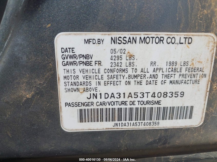 2003 Nissan Maxima Gle/Se VIN: JN1DA31A53T408359 Lot: 40016130