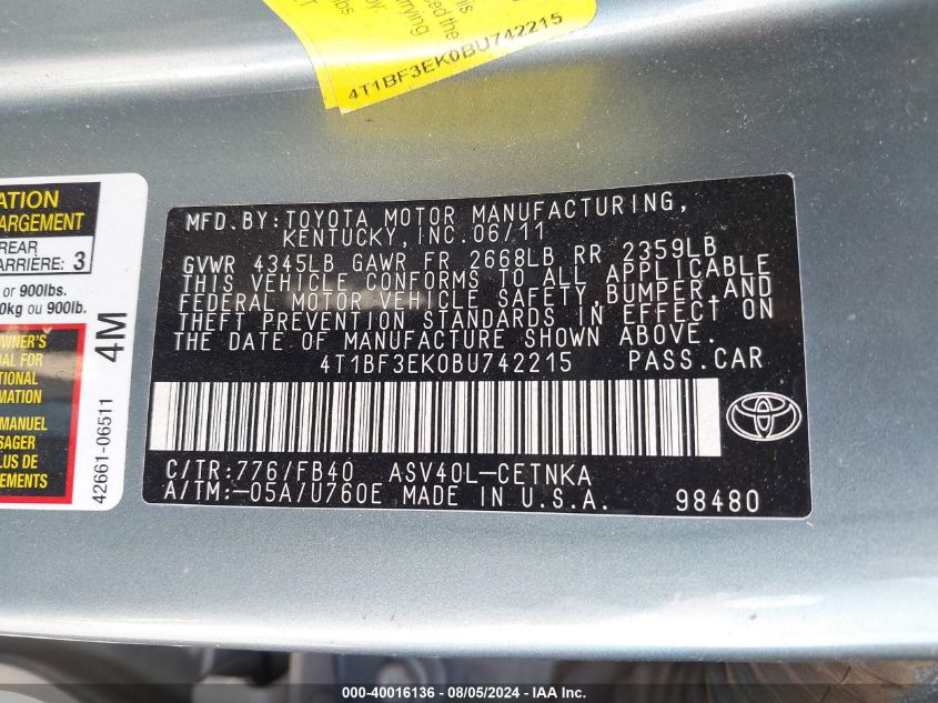 4T1BF3EK0BU742215 2011 Toyota Camry Le