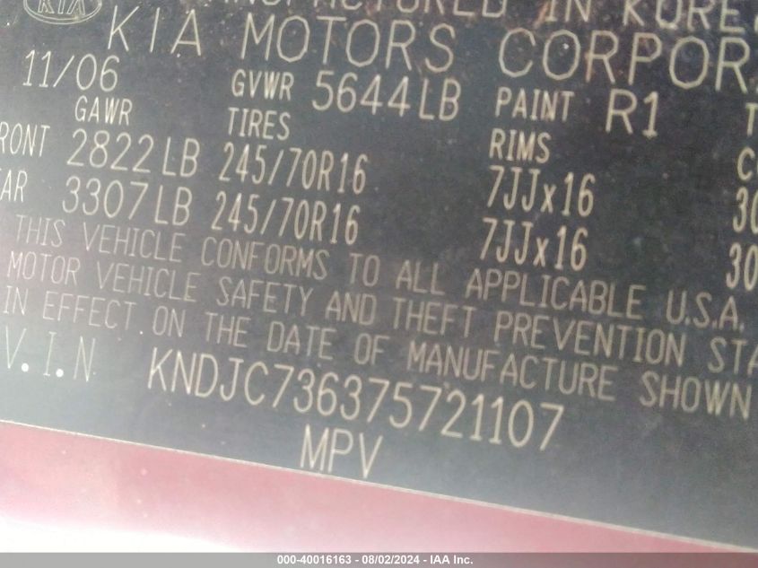 2007 Kia Sorento Lx VIN: KNDJC736375721107 Lot: 40016163