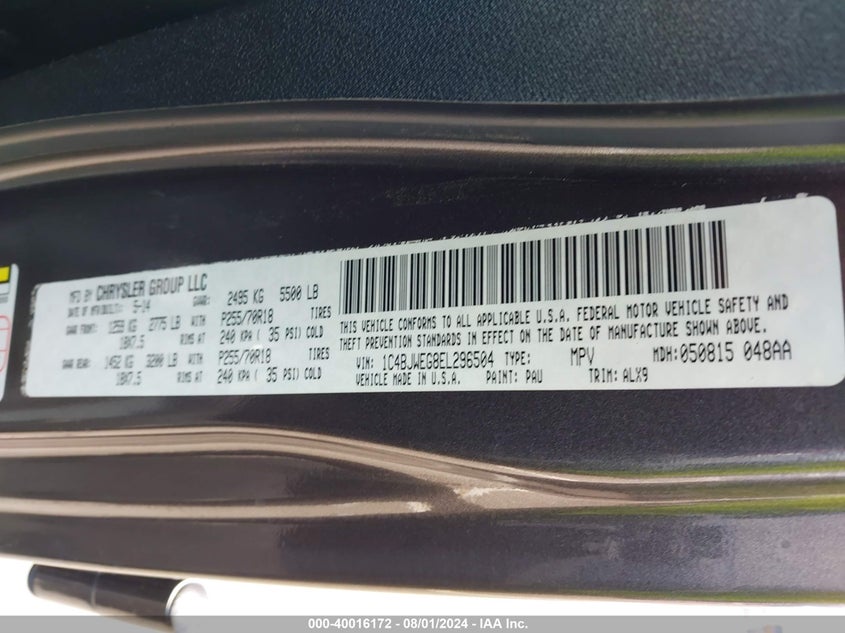 2014 Jeep Wrangler Unlimited Sahara VIN: 1C4BJWEG8EL296504 Lot: 40016172