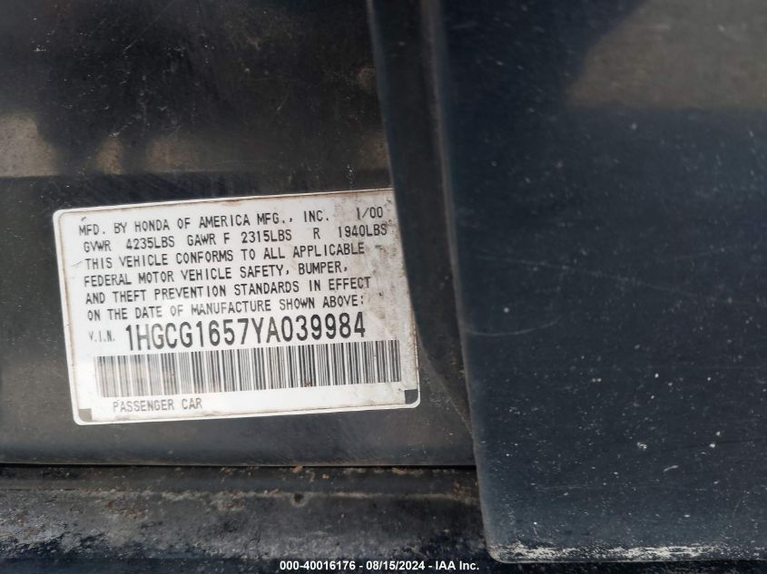 2000 Honda Accord 3.0 Ex VIN: 1HGCG1657YA039984 Lot: 40016176