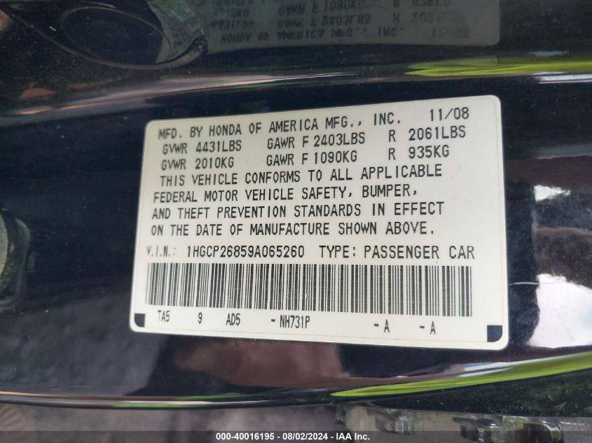 2009 Honda Accord Exl VIN: 1HGCP26859A052490 Lot: 40016195