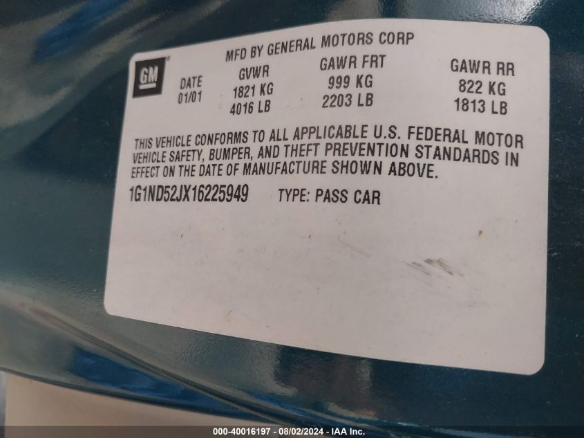 2001 Chevrolet Malibu VIN: 1G1ND52JX16225949 Lot: 40016197