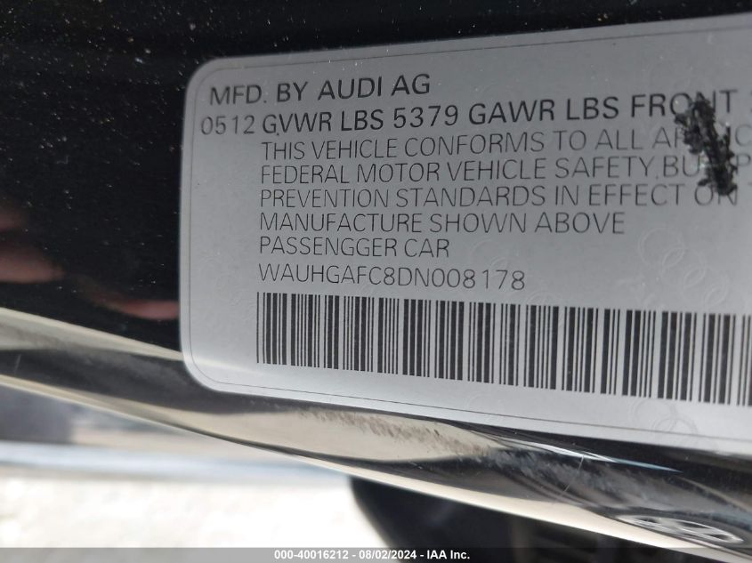 2013 Audi A6 3.0T Premium VIN: WAUHGAFC8DN008178 Lot: 40016212