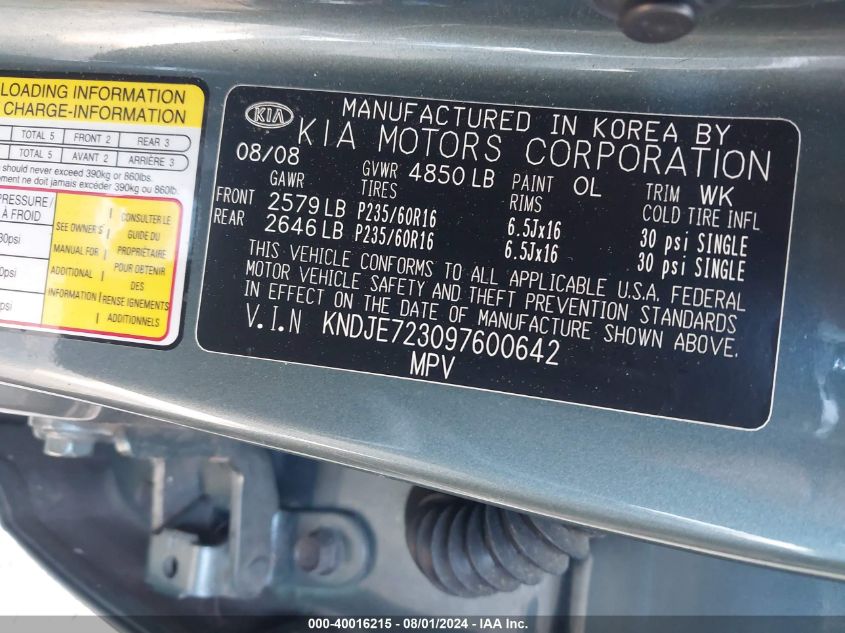 2009 Kia Sportage Lx V6 VIN: KNDJE723097600642 Lot: 40016215