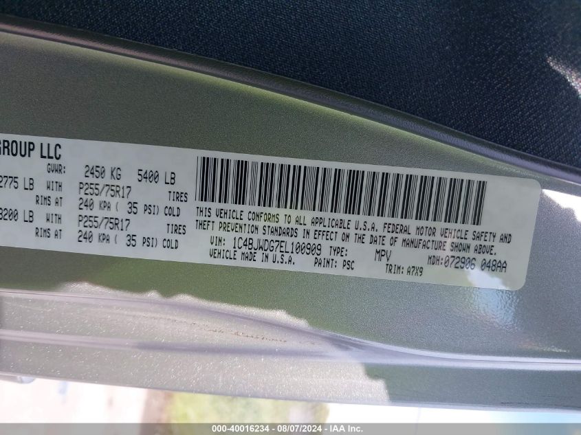 2014 Jeep Wrangler Unlimited Sport VIN: 1C4BJWDG7EL100909 Lot: 40016234