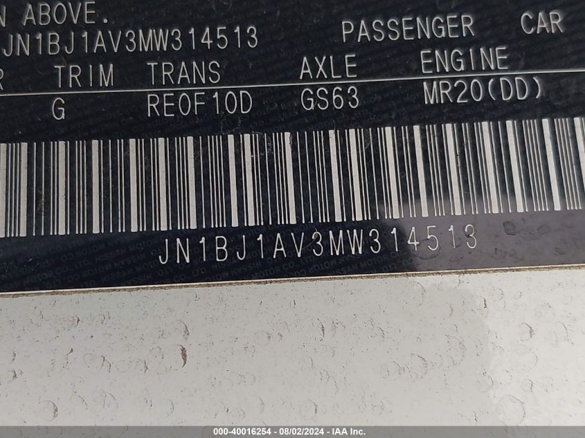 2021 Nissan Rogue Sport S Fwd Xtronic Cvt VIN: JN1BJ1AV3MW314513 Lot: 40016254