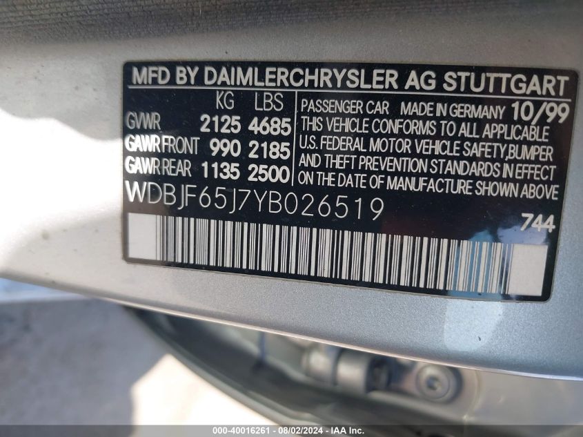 2000 Mercedes-Benz E 320 VIN: WDBJF65J7YB026519 Lot: 40016261