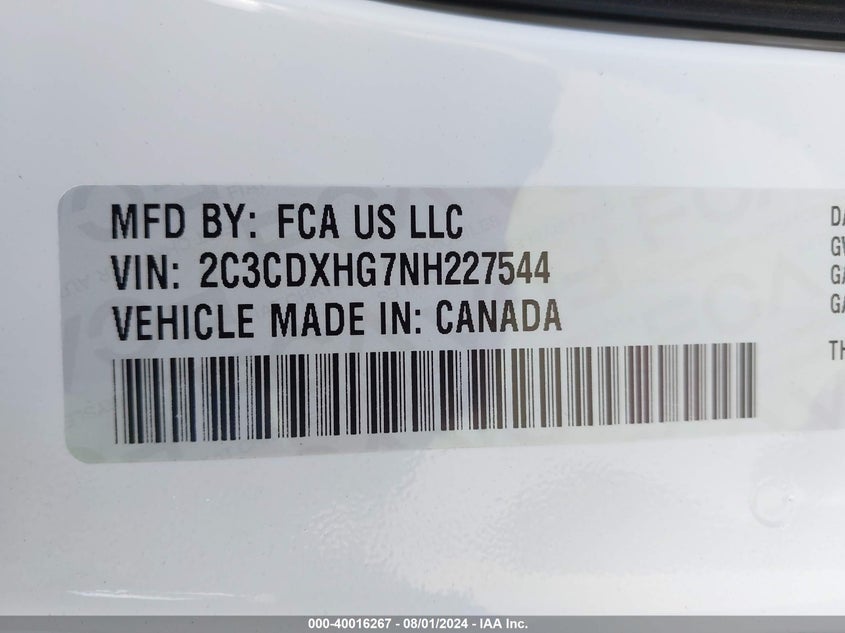 2022 DODGE CHARGER(VIN: 2C3CDXHG7NH227544