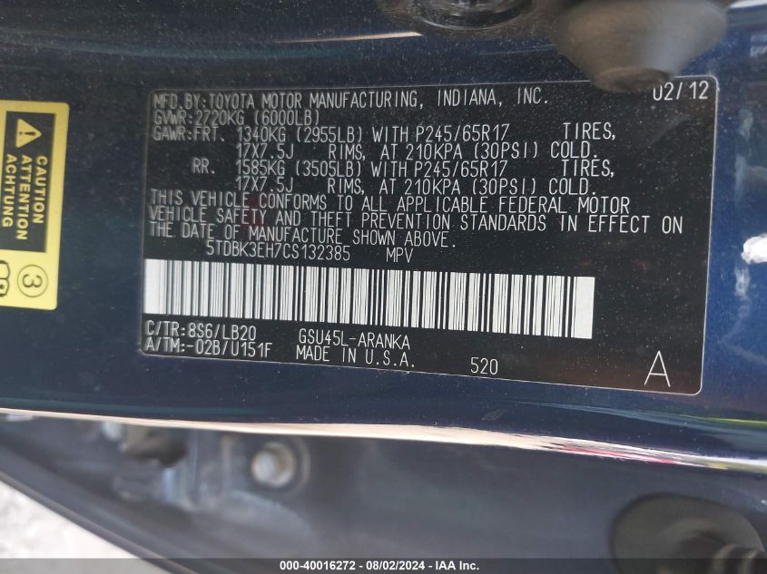 2012 Toyota Highlander Se V6 VIN: 5TDBK3EH7CS132385 Lot: 40016272