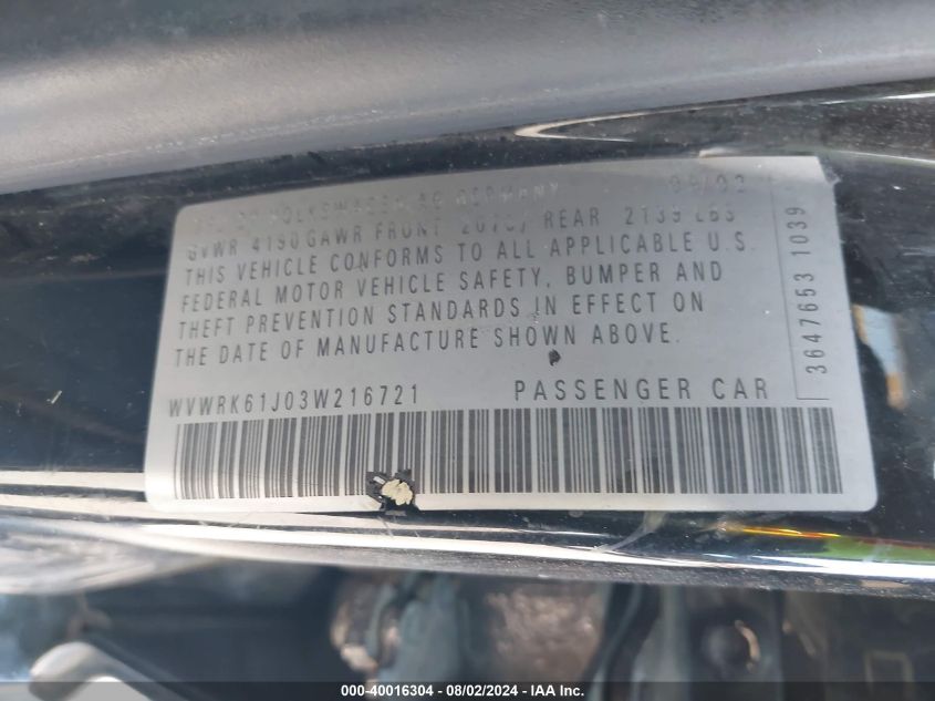 2003 Volkswagen Jetta Gl VIN: WVWRK61J03W216721 Lot: 40016304
