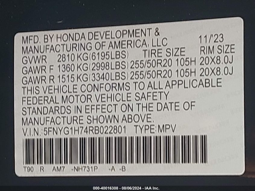 2024 Honda Pilot Awd Touring VIN: 5FNYG1H74RB022801 Lot: 40016308