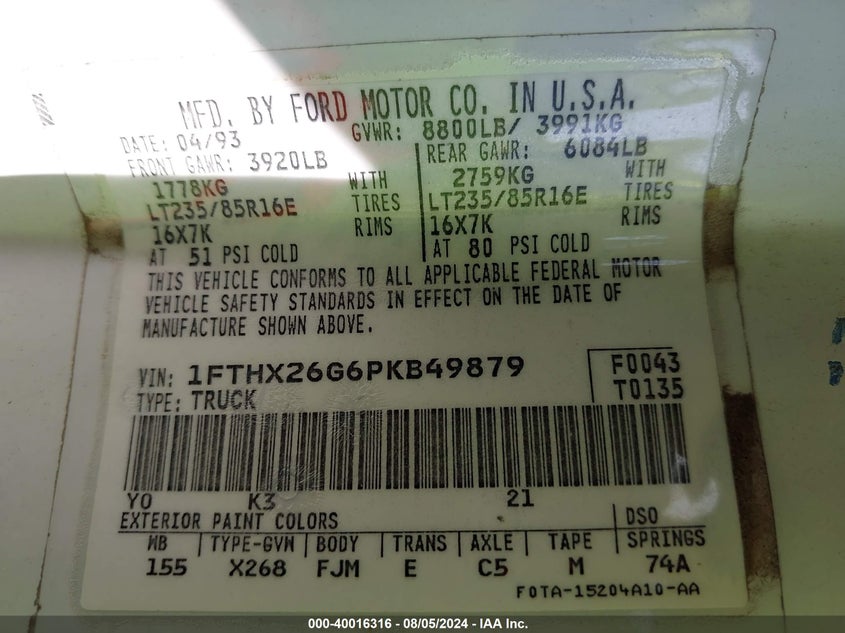 1993 Ford F250 VIN: 1FTHX26G6PKB49879 Lot: 40016316
