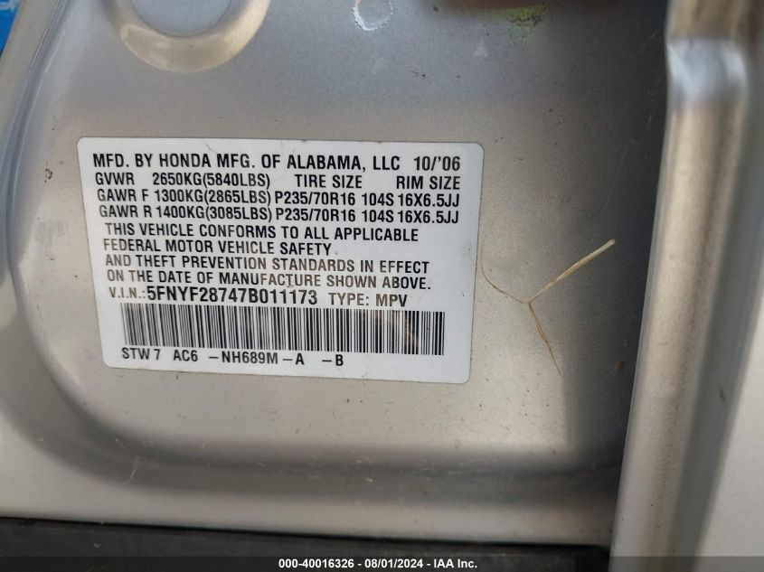 2007 Honda Pilot Ex-L VIN: 5FNYF28747B011173 Lot: 40016326