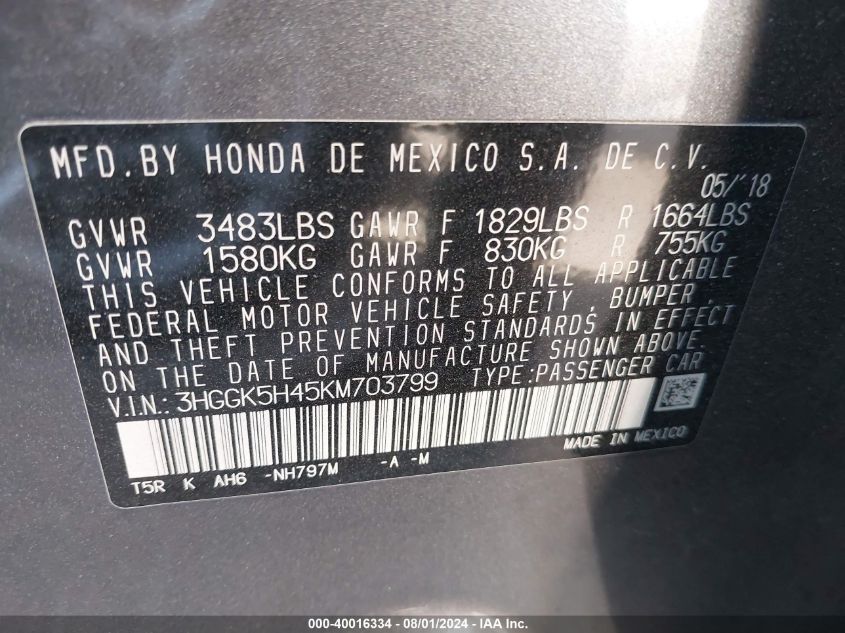 2019 Honda Fit Lx VIN: 3HGGK5H45KM703799 Lot: 40016334