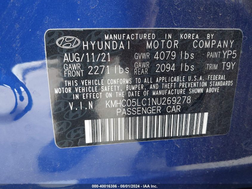 2022 Hyundai Ioniq Hybrid Limited VIN: KMHC05LC1NU269278 Lot: 40016386