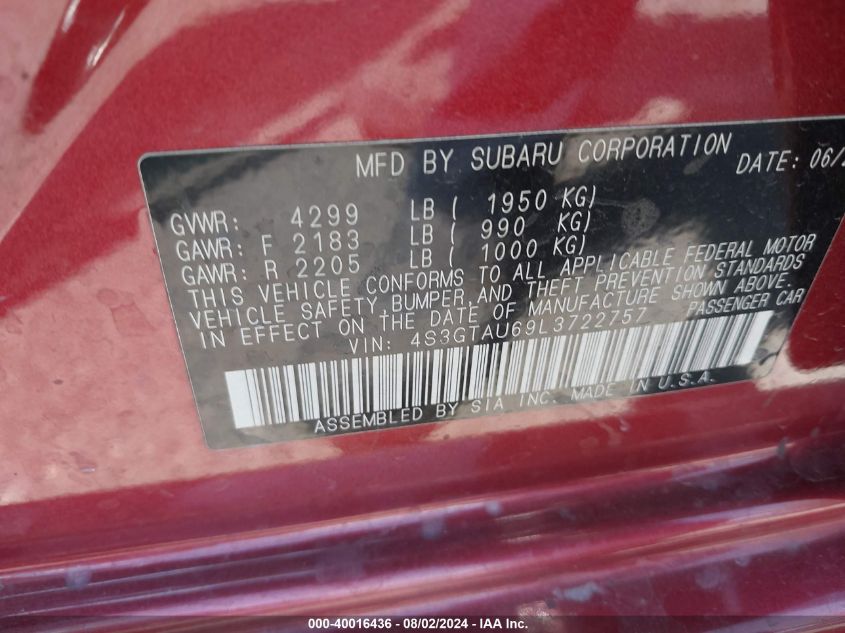 2020 Subaru Impreza Limited 5-Door VIN: 4S3GTAU69L3722757 Lot: 40016436