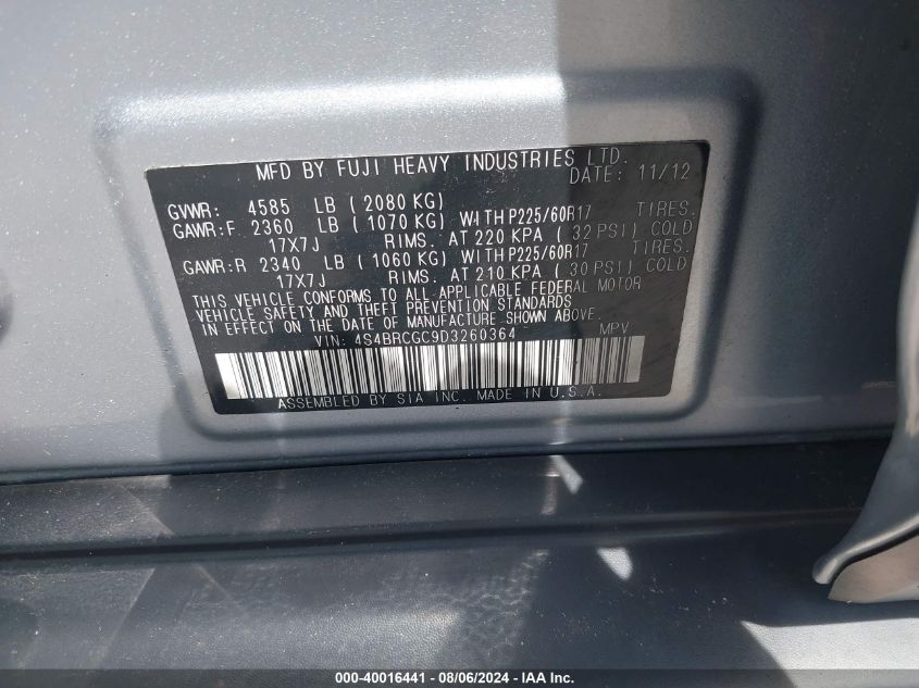 2013 Subaru Outback 2.5I Premium VIN: 4S4BRCGC9D3260364 Lot: 40016441