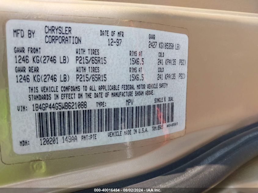 1998 Dodge Grand Caravan Se VIN: 1B4GP44G5WB621088 Lot: 40016454