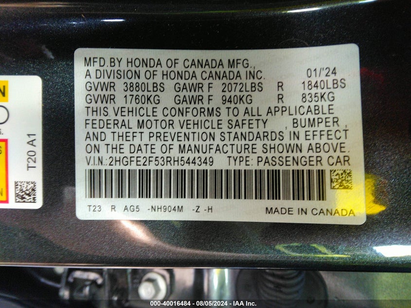 2024 HONDA CIVIC(VIN: 2HGFE2F53RH544349