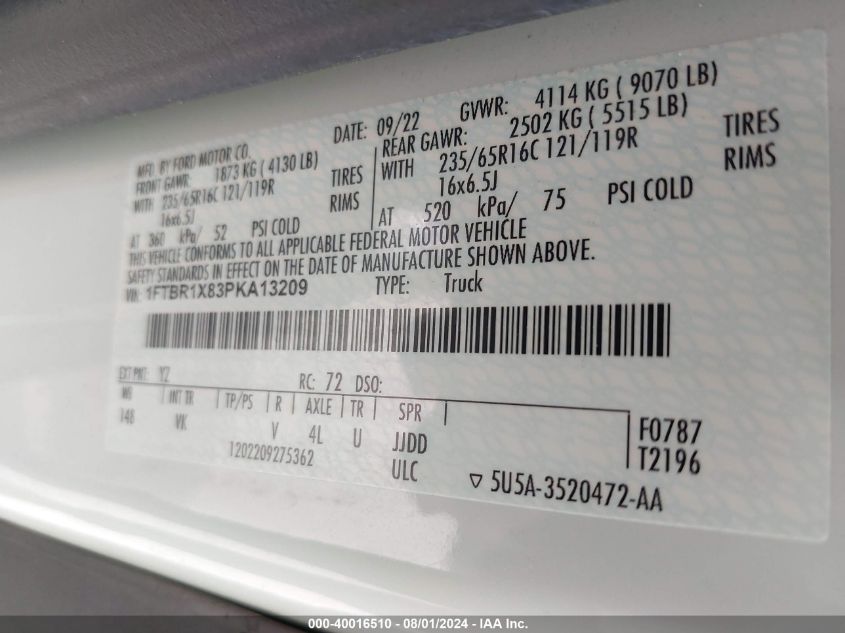 2023 Ford Transit-250 VIN: 1FTBR1X83PKA13209 Lot: 40016510