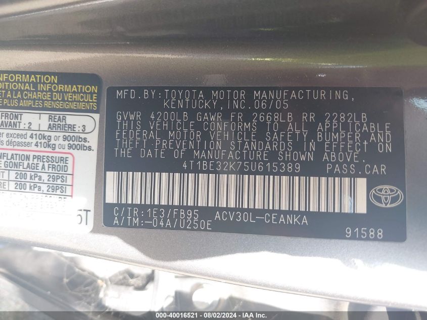 2005 Toyota Camry Std VIN: 4T1BE32K75U615389 Lot: 40016521