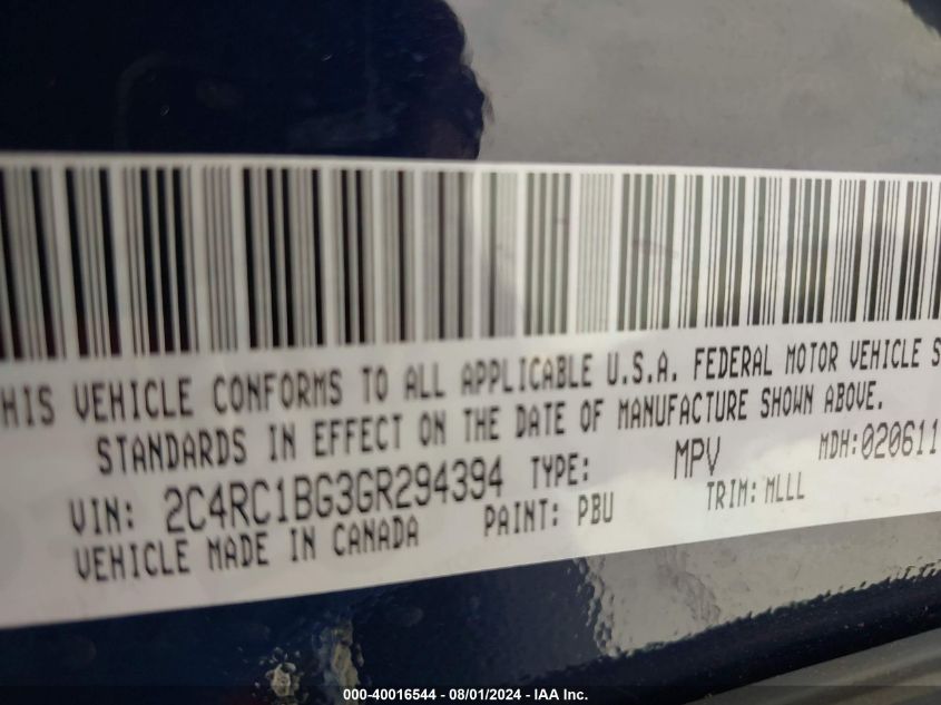 2016 Chrysler Town & Country Touring VIN: 2C4RC1BG3GR294394 Lot: 40016544