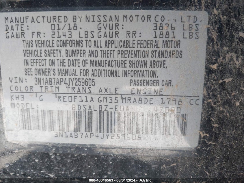 2018 Nissan Sentra S/Sv/Sr/Sl VIN: 3N1AB7AP4JY259605 Lot: 40016563