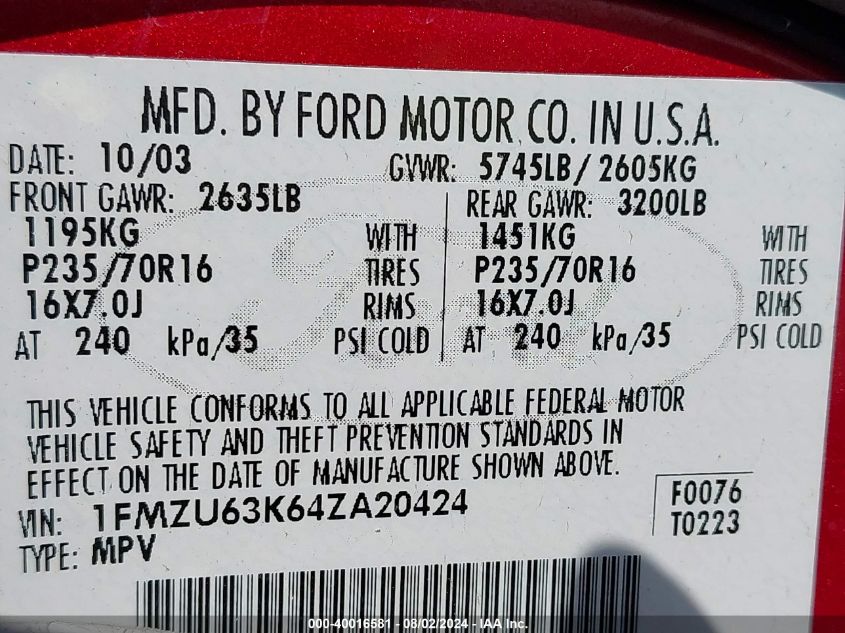 2004 Ford Explorer Xlt/Xlt Sport/Nbx VIN: 1FMZU63K64ZA20424 Lot: 40016581