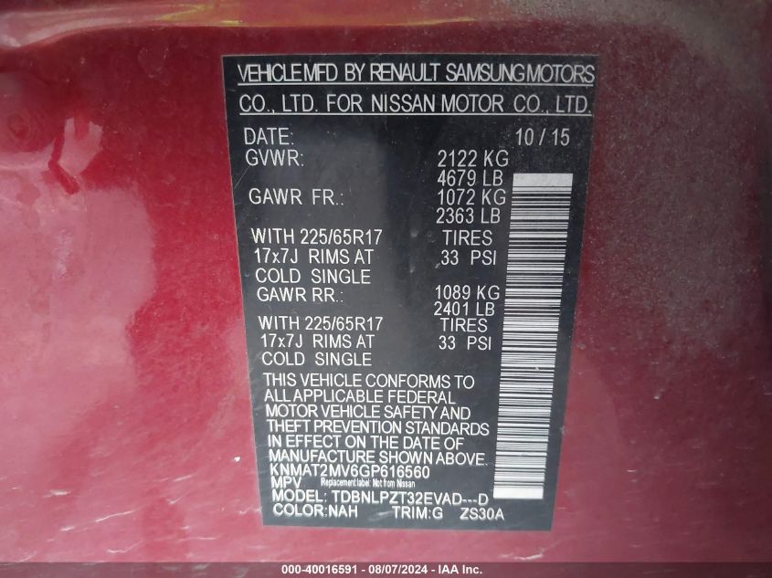 2016 Nissan Rogue S VIN: KNMAT2MV6GP616560 Lot: 40016591