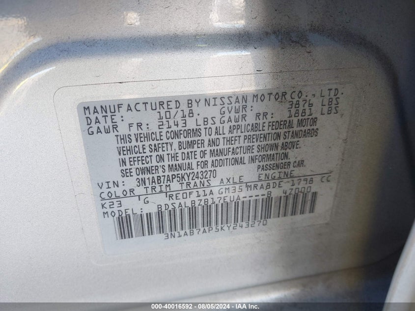 VIN 3N1AB7AP5KY243270 2019 NISSAN SENTRA S/SV/SR/SL