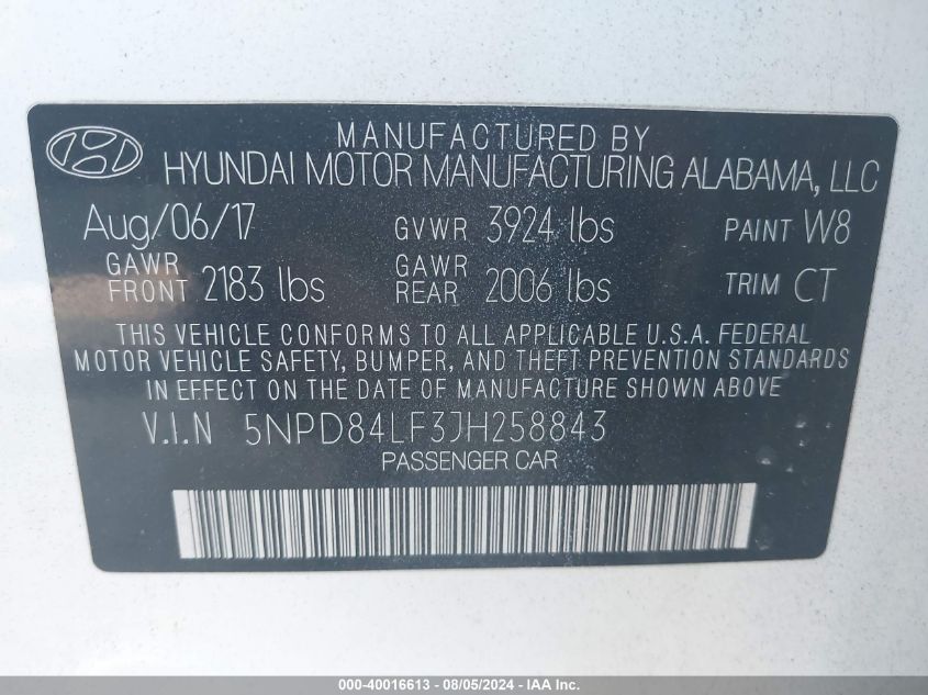 2018 Hyundai Elantra Sel VIN: 5NPD84LF3JH258843 Lot: 40016613