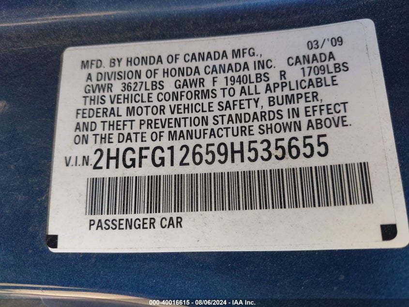 2009 Honda Civic Lx VIN: 2HGFG12659H535655 Lot: 40016615