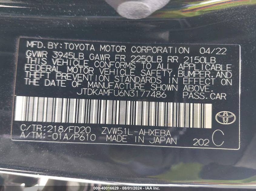 2022 Toyota Prius Le VIN: JTDKAMFU6N3177486 Lot: 40016629