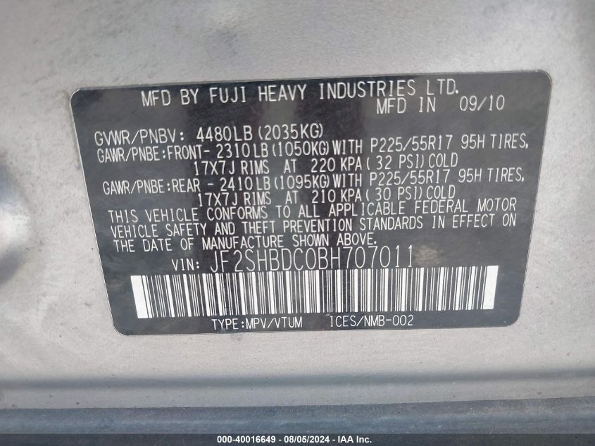 2011 Subaru Forester 2.5X Premium VIN: JF2SHBDC0BH707011 Lot: 40016649